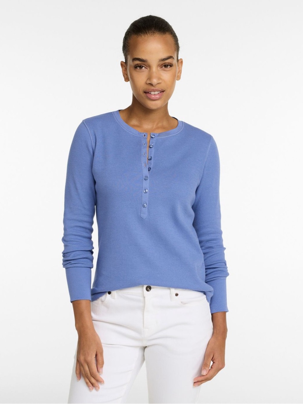 L.L.Bean Long Sleeve Waffle Knit Cotton Henley in Deep Lake Sz M Petite